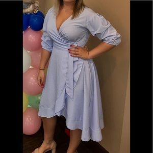 Blue pinstripe wrap dress